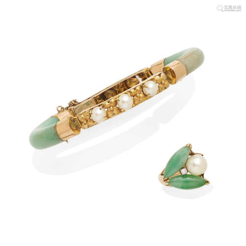 A jade and cultured pearl bracelet together with a jade, cultured pearl and diamond ring