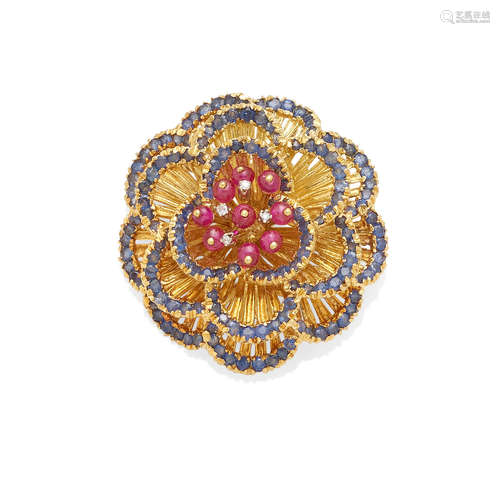 a ruby, sapphire and diamond flower brooch, Toliro