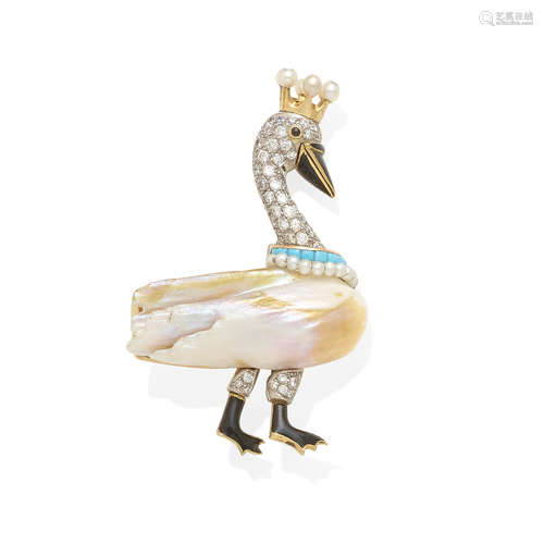 A diamond, pearl, turquoise and enamel swan brooch