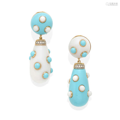 a pair of 18k gold, turquoise and white agate ear pendants