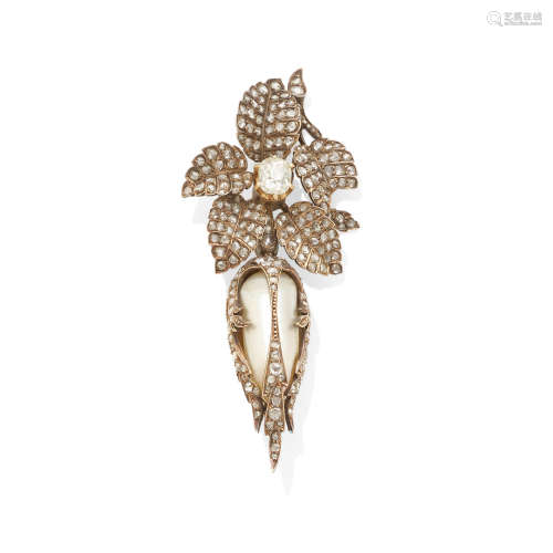 A natural pearl and diamond brooch,