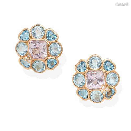 a pair of 18k rose gold, blue topaz and amethyst ear clips, Kathy Ireland