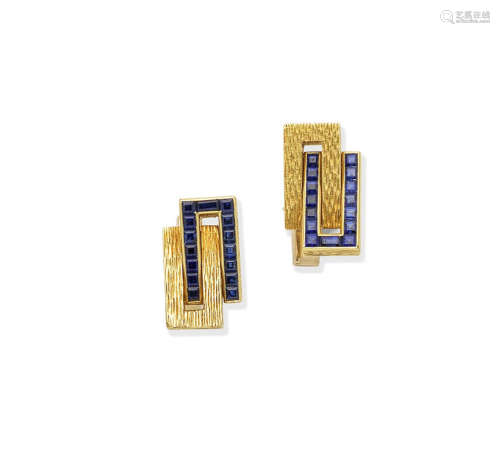 A pair of sapphire cufflinks, one by Kutchinsky, 1971, the other 1982