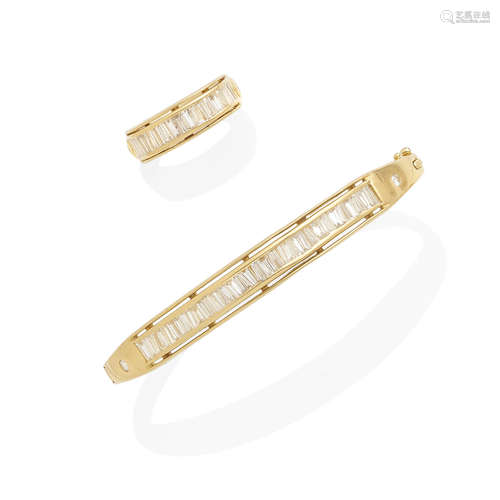 A gold channel-set diamond bangle and ring