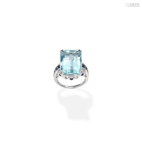 An aquamarine, sapphire and diamond dress ring