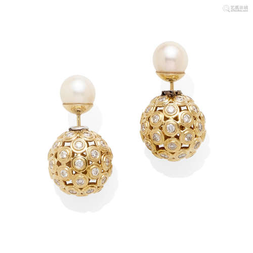 a pair of gold, cultured pearl and diamond earrings