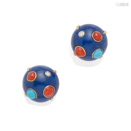 a pair of gold, lapis lazuli, turquoise and coral ear clips