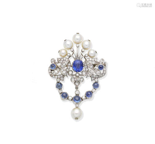 A sapphire, cultured pearl and diamond brooch/pendant