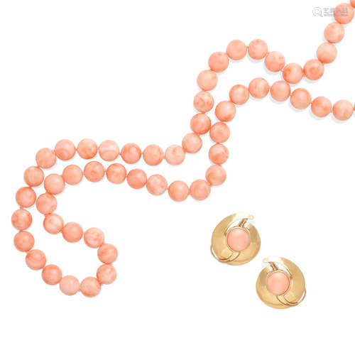 A coral bead necklace together with a pair of coral and gold ear clips