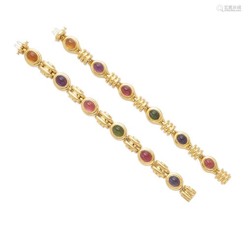 A pair of 18k gold and colored stone bracelets