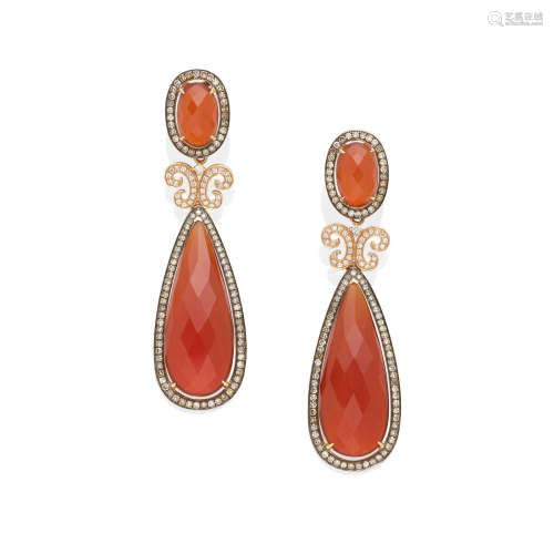 a pair of agate and diamond ear pendants