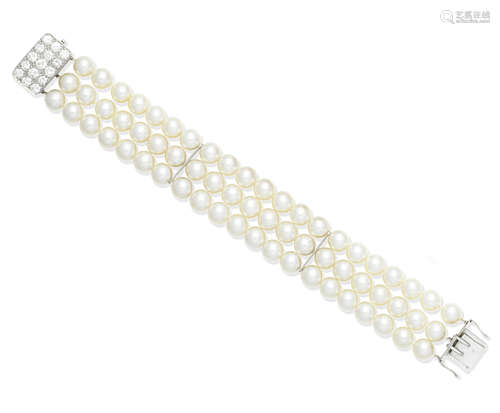 A cultured pearl and diamond bracelet