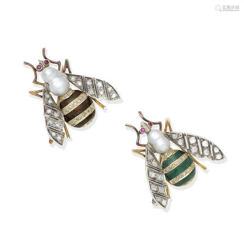 A pair of enamel, cultured pearl, ruby and diamond imperial bee brooches  (2)