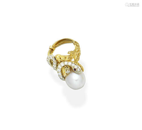 A cultured pearl, diamond and ruby ring