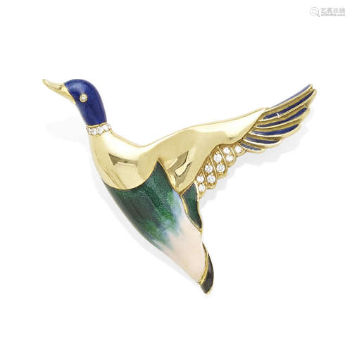 a diamond and enamel duck brooch