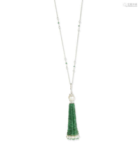 An emerald, cultured pearl and diamond sautoir