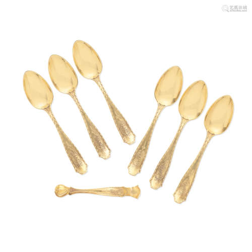 A collection of American 18k gold  teapspoons and sugar tongs  by Tiffany & Co., New York, NY, 20th century