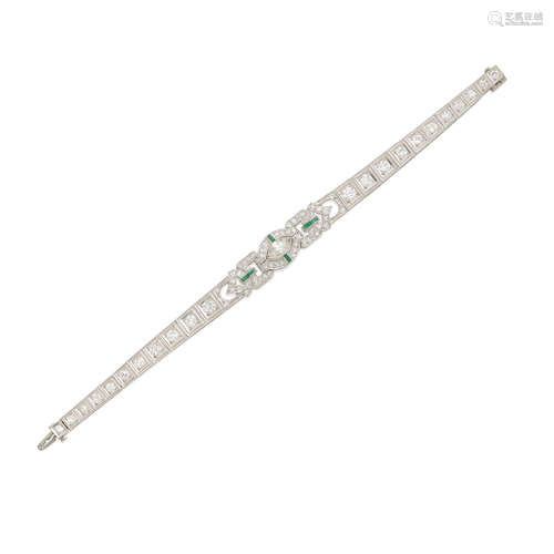 An art deco platinum, diamond and emerald bracelet