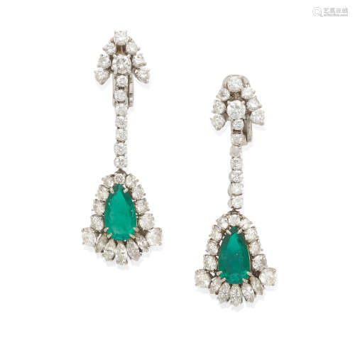 a pair of emerald and diamond ear pendants