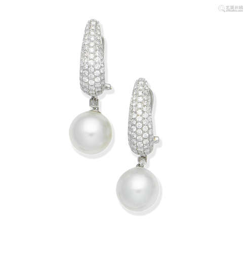 A pair of cultured pearl and diamond pendent earrings