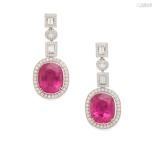 a pair of pink tourmaline and diamond ear pendants