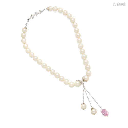 a cultured pearl, kunzite and diamond necklace