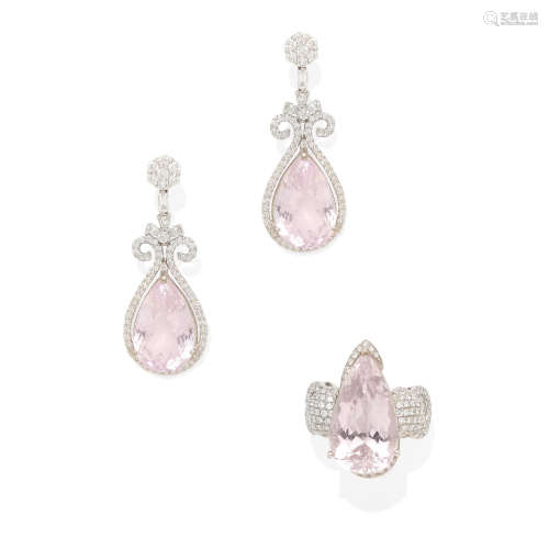 a pair of white gold, kunzite and diamond earrings and ring set
