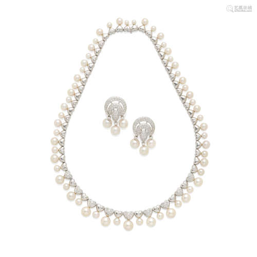 a white gold, diamond and cultured pearl necklace and ear clips