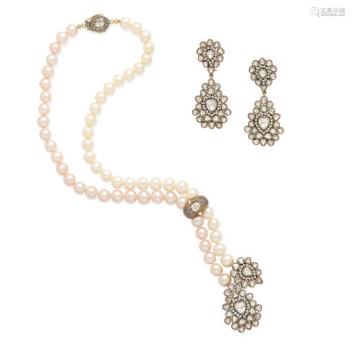 a cultured pearl and diamond necklace and diamond ear pendants