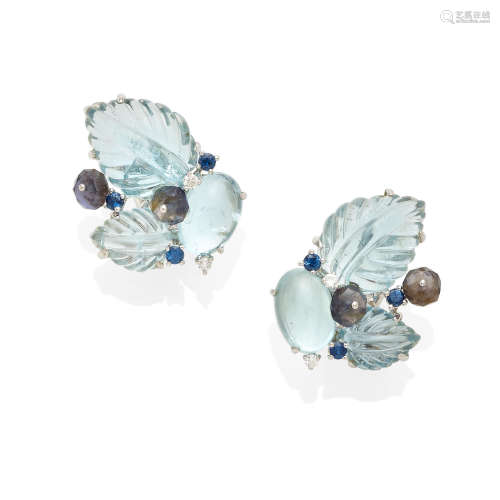 a pair of aquamarine and sapphire ear clips