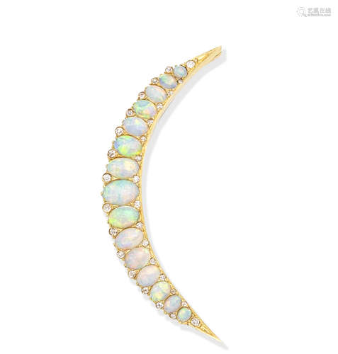 An opal and diamond crescent brooch, circa 1890