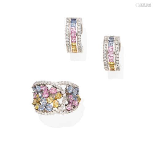 a white gold, diamond and colored sapphire ring and ear clips