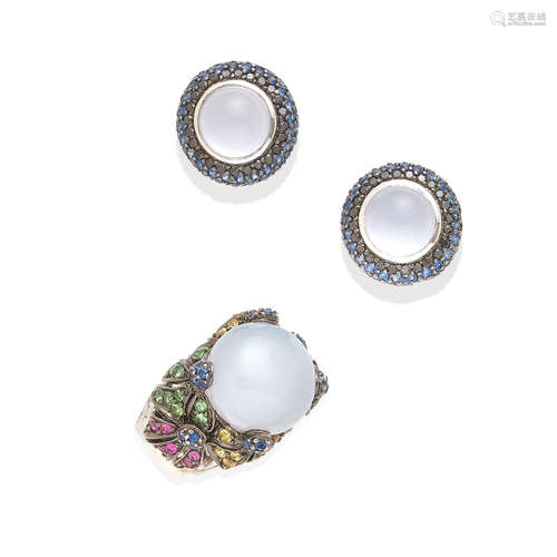 a colored stone ring and pair of ear clips