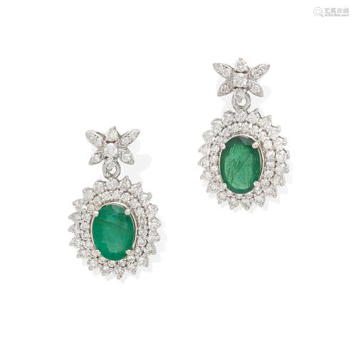 a pair of emerald and diamond ear pendants