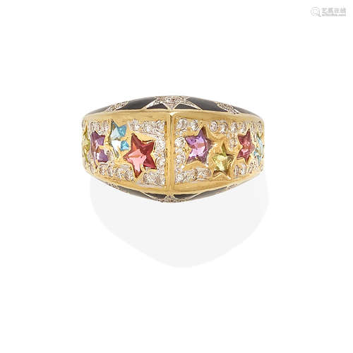 A gold, colored stone and diamond ring