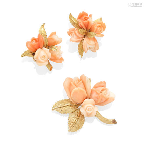 a gold and coral floral brooch and ear clip set