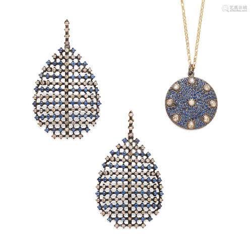 A pair of diamond and sapphire earrings together with a diamond and sapphire pendant necklace