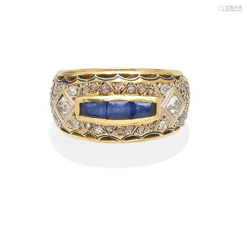 A sapphire, diamond and enamel ring