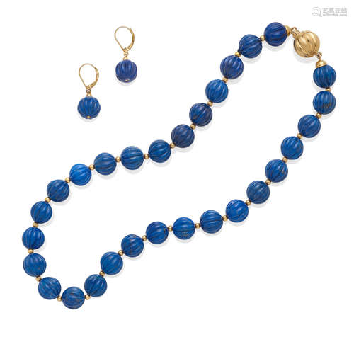 a lapis lazuli bead necklace and ear pendants