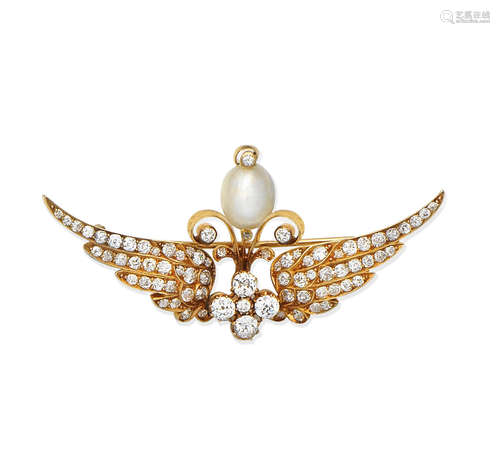 A natural pearl and diamond brooch, circa 1890