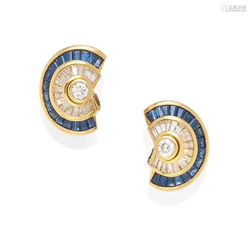 a pair of gold, sapphire and diamond fan ear clips