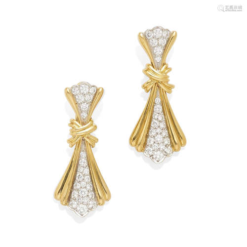 a pair of pavé diamond and bi-color gold ear pendants