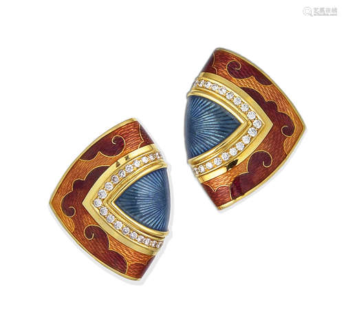 A pair of enamel and diamond earrings, by De Vroomen, 1993