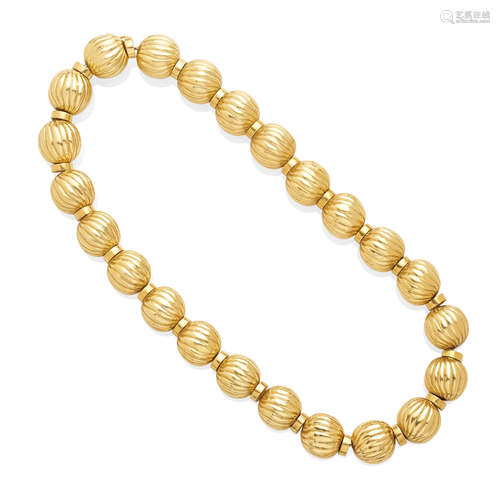 A fluted Gold Bead Necklace, Italian