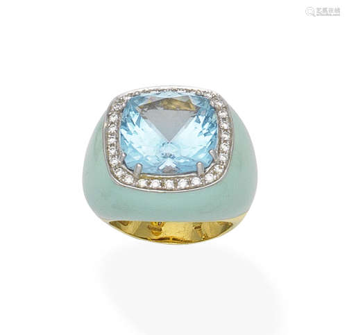 A blue topaz, diamond and enamel ring