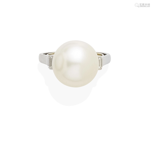 A Platinum, Cultured Pearl and Diamond Ring