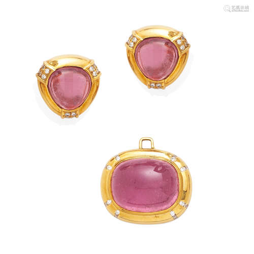 A Pair of Gold and Pink Tourmaline Earclips and Pendant, Gumps