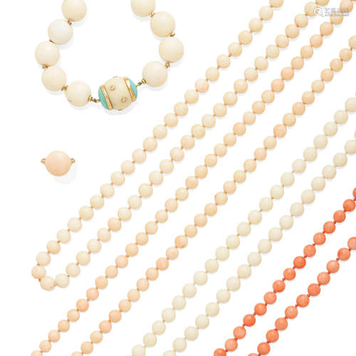 A Collection of Coral Bead Necklaces and ring