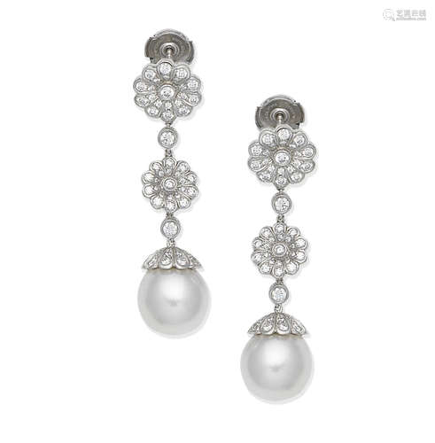 A pair of cultured pearl and diamond pendent earrings, by Tiffany