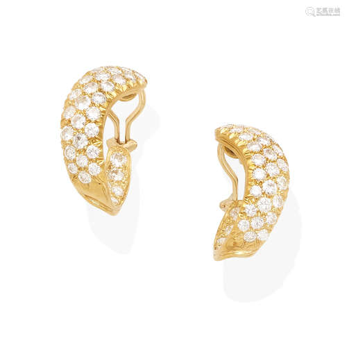 A Pair of Gold and Diamond Hoop Earclips